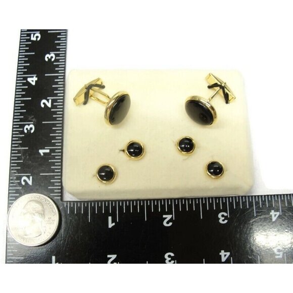 Gold Tone Black Cufflinks Shirt Buttons Set Formal Wedding Tux Vintage - Picture 6 of 11